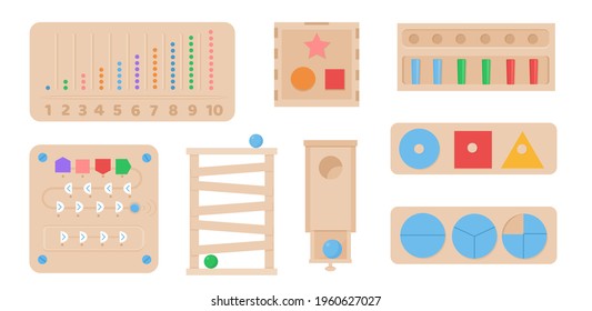 Vector Set of Montessori games. Children wooden eco friendly logic toys for preschool kids. Playthings for baby development. Collection of various element for entertainment and educational games.