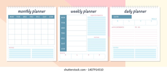 Conjunto de vectores de plantilla de diseño de página mensual, semanal y diaria. Levantamiento plano, burla. Colores Pastel. Equipo de oficina comercial.