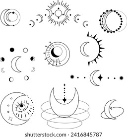 Vector set of Moon. Bohemian linear logos, esoteric symbols. Alchemical mystical magic elements for prints, posters, illustrations and patterns. Magic aesthetics.