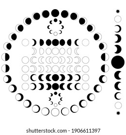 Vector set of moon phases. Moon cycle illustration for both Northern and South hemisphere. 