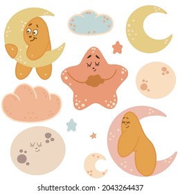 Vector set of moon, star, crescent and clouds.