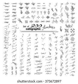 Vector set of more than 200 hand-drawn calligraphic flourishes. Vintage detailed ornaments, design elements, ornamental page decorations and dividers. Isolated on white background. 