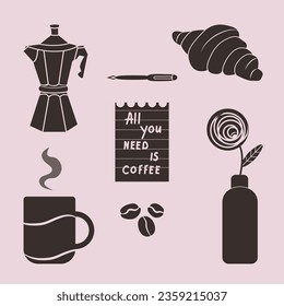 Vector set of morning coffee. An illustration of a Moka coffee pot, a croissant, vase with flower, coffee beans and phrase "All you need is coffee" on blank sheet. Infographics with vector icons