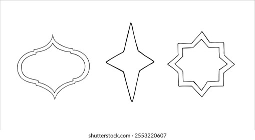 Vector set of Moroccan arabian mosaic, crescent star. Graphic illustration isolated on white background. Muslim hand drawn line sketch, holiday Ramadan Kareem or Eid Al Adha 2025. For designers