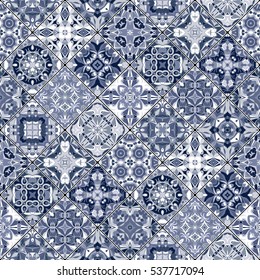 Vector set of mosaic blue and white square patterns. Classic ornaments in Oriental style. Vector illustration.