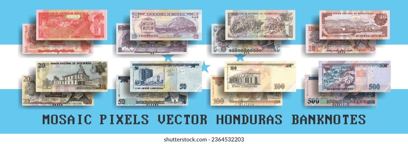 Vector set of mosaic pixel banknotes of Honduras. Collection of bills in denominations of 1, 2, 5, 10, 20, 50, 100 and 500 lempiras. Play money or flyers.