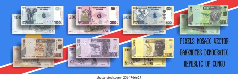 Vector set of mosaic pixel banknotes of the Democratic Republic of the Congo. Collection of bills in denominations of 100, 200, 500, 1000, 5000, 10000 and 20000 Congolese francs. Play money or flyers.