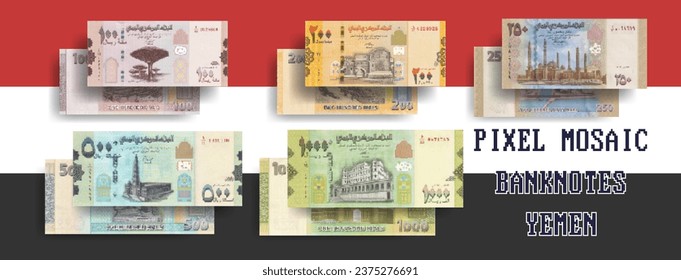 Vector set of mosaic pixel banknotes of Yemen. Collection of bills in denominations of 100, 200, 250, 500 and 1000 rials. Play money or flyers.