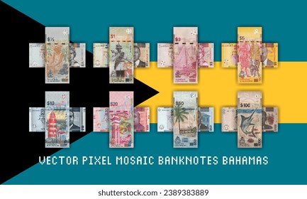 Vector set of mosaic pixel banknotes of the Bahamas. Collection of bills in denominations of half dollar, 1, 3, 5, 10, 20, 50 and 100 bahamian dollars. Obverse and reverse. Play money or flyers.