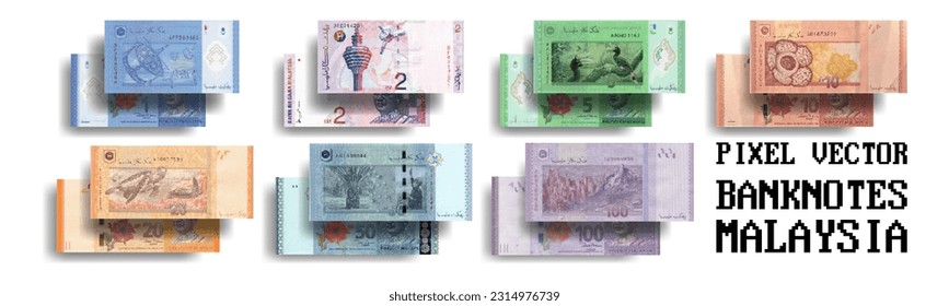 Vector set of mosaic pixelated Malaysian banknotes. Bills in denominations of 1, 2, 5, 10, 20, 50 and 100 ringgit.