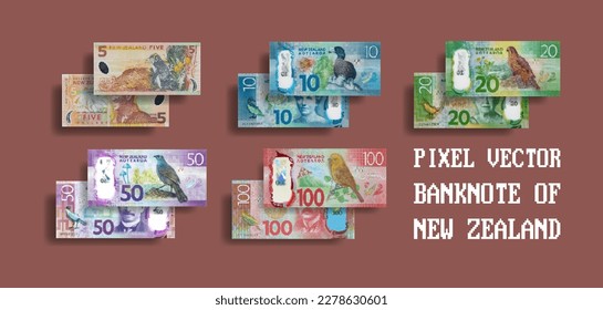 Vector set of mosaic pixelated New Zealand banknotes. Bills in denominations of 5, 10, 20, 50 and 100 dollars.