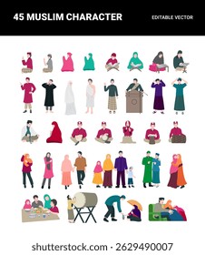 Conjunto vetorial da ilustração da coleção de personagens muçulmanos adequada para os eventos da comunidade dos folhetos de Eid Mubarak e design gráfico com tema islâmico