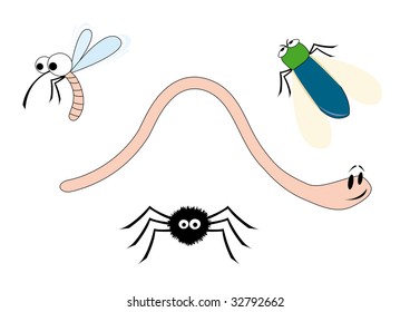 Vector set: mosquito, shaggy spider, dung-fly, smiling worm.