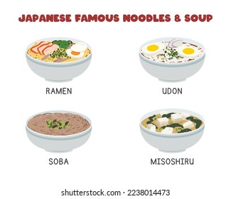 Vector set of the most famous Japanese noodles and soup. Ramen, Udon, Soba, Miso Soup flat vector design illustration, clipart cartoon style. Asian food. Japanese cuisine. Japanese food