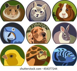 Vector set of the most popular pets. Nine illustrations.