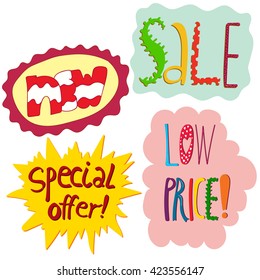 Vector set of most popular shop signs in cartoon style. Illustration for shops, stores and malls, design element for magazines, shop windows, articles.
