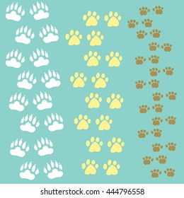 Vector set of most recognizable paws isolated on blue. Decoration of pets and animal production, food and accessories. Design element. 