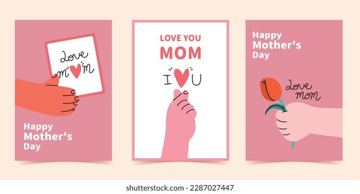 Vector set of mother love cards concept or poster with handwritten lettering. Love you mom hand sketched text. Flat deaign.