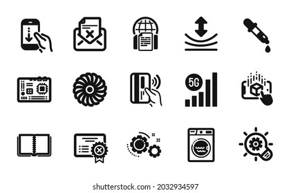 Vector set of Motherboard, Augmented reality and Reject letter icons simple set. Fan engine, Reject certificate and Scroll down icons. Contactless payment, Laundry and Resilience signs. Vector