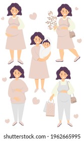 Vector set of Motherhood and Pregnancy. Happy pregnant woman hugs her belly with her hands, with a bouquet of flowers, with a newborn baby, bags, in a dress and trousers. Vector. flat illustration