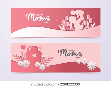 Vector set of Mother's Day banner design in paper cut style. Mother hugging child on floral background.
