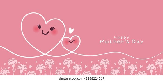 Vector set of Mother's Day banner. Continuous one line drawing connecting two cute hearts symbol embracing with carnations blooming. 