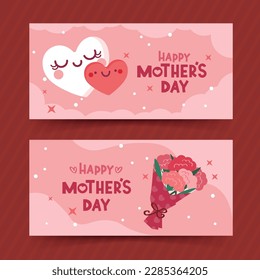Vector set of Mother's Day banners with cute hearts and carnations blooming. Flat design of beautiful botanical.