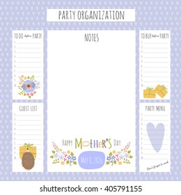 Vector set of Mothers Day to do lists on a big placard. Printable checklist. For party organization, greeting cards, invitations, gifts decoration, stationery design, scrapbooking and other.