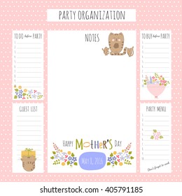 Vector set of Mothers Day to do lists on a big placard. Printable checklist. For party organization, greeting cards, invitations, gifts decoration, stationery design, scrapbooking and other.