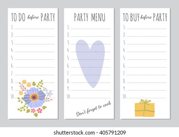 Vector set of Mothers Day to do lists and notes. Printable spring checklist. For party organizers, greeting cards, invitations, gifts decoration, stationery design, scrapbooking and other.