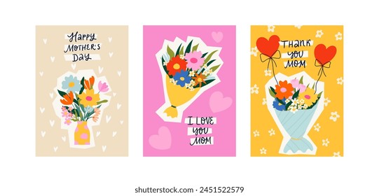 Vector set of Mother's Day greeting cards. Modern hand drawn colorful illustrations with cut out spring flowers. Happy Mother's Day collages