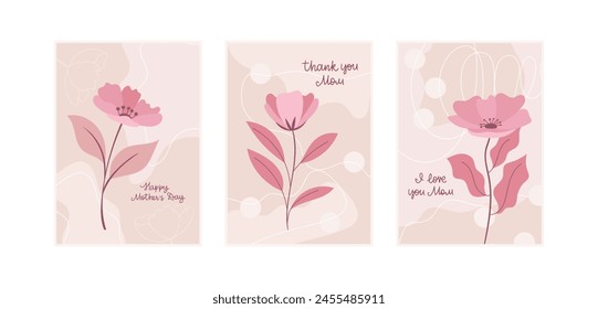 Vector set of Mother's Day greeting cards. Minimalistic hand drawn illustrations with hand lettering. Happy Mother's Day posters. Thank you Mom. I love you Mom