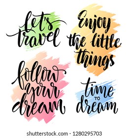 Vector set of motivating and inspiring  hand drawn lettering and calligraphy inscriptions on color abstract paint background. Congratulations, wishes, design templates for greeting cards, prints