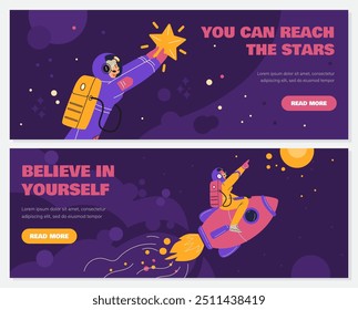 Vector set of motivational articles on the website of female astronauts in a spacesuit: flying on a rocket, holding a star against the background of the galaxy