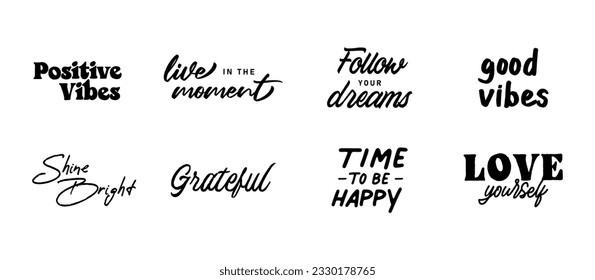 Vector set with Motivational quotes. Hand written inspirational phrases. Happiness and positive message banners. 