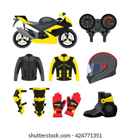 Vector Set Of Motorcycle Accessories. Design Elements And Icons Isolated On White Background. Sport Bike, Helmet, Gloves, Boots, Jacket.