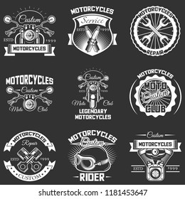 Vector set of motorcycle emblems, badges, labels, logo in retro style. Vintage chalkboard motorcycle repair service, motor club symbols, icons, typography design elements.