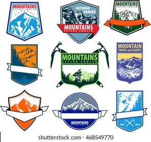 Vector set of mountain adventure camping expedition logo badges emblems