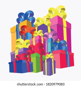 Vector set of mountain boxes with bows, holidays, greetings, surprise in a box, beautiful greetings