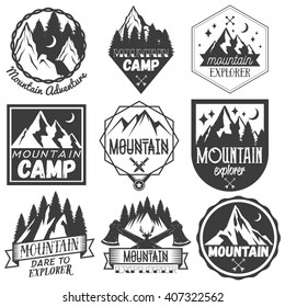 Vector set of mountain camp labels in vintage style. Design elements, icons, logo, emblems and badges isolated on white background. Camp outdoor adventure concept illustration.