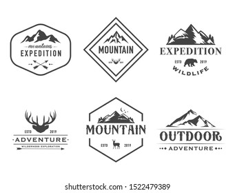 vector set of mountain exploration vintage logos, emblems, silhouettes and design elements. logotype templates and badges with mountains, forest, trees, tent, ice axe. outdoor activity symbols