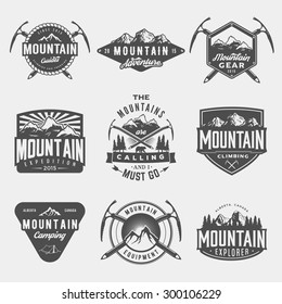 vector set of mountain exploration vintage logos, emblems, silhouettes and design elements. logotype templates and badges with mountains, forest, trees, tent, ice axe. outdoor activity symbols