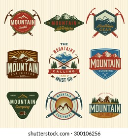 vector set of mountain exploration vintage logos, emblems, silhouettes and design elements. logotype templates and badges with mountains, forest, trees, tent, ice axe. outdoor activity symbols