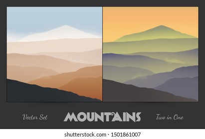 Vector set with mountain foggy ranges. Vector illustration with summer and winter landscapes. Snow-covered mountain peak in fog. Abstract natural background