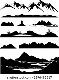 Vector set - mountain landscapes, forests, hills, islands