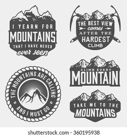 vector set of mountain quotes and badges. artworks for wear. outdoor activity symbols