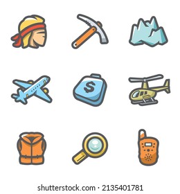 Juego de vectores de Iconos de rescate de montaña. Hombre, Ice Ax, Top, Aeronaves, Equipaje, Helicóptero, Chaqueta de Vida, Ampliador, Radio Portátil.