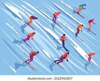 Vector set of mountain skiers in bright suits going down the slope. Handmade drawing vector illustration. Elements and symbols perfect for scrapbook, card, poster, invitation, sticker kit.