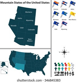 Vector set of Mountain States of the United States with flags and map on white background