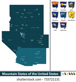 Vector set of Mountain States of the United States with flags and map on white background